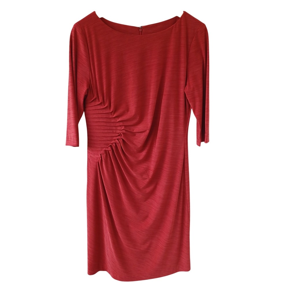 Tahari Arthur S Levine Orange Ruched Sheath Dress 3/4 Sleeve Sz 10 Bsns Cocktail